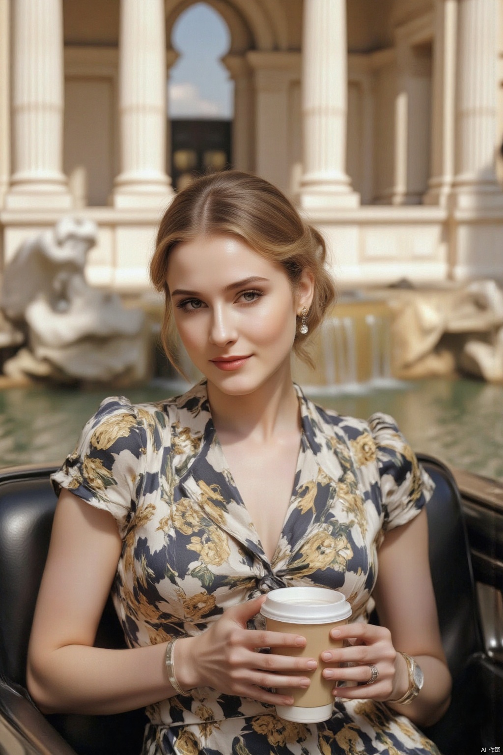 A classic scene from Roman Holiday (1953) features Audrey Hepburn as Princess Ann, She was driving a XiaomiSU7 car in Rome Square.The warm morning light casts a golden glow on her elegant features and the city's iconic landmarks. She leans forward, she has a cup of Honey Snow City milk tea in her hand.The Trevi Fountain's majestic columns and ornate details are visible behind her, blending harmoniously with the soft focus of the image.,dlls
