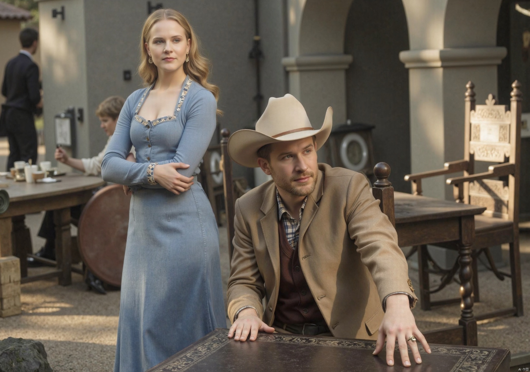  Dolores Abernathy wears a blue skirt in a scenic spot in the TV series Westworld. She dresses simply and simply, combs it into a low ponytail and wears this earring. After shopping in Sweetwater town, Dolores accidentally dropped a can of milk while preparing to load the saddle bag.The warm morning light casts golden light on her elegant facial features and horses around her. The black horse body and the real details of the cabin are clearly visible behind her, blending harmoniously with the soft focus of the image.,dllsdlz,djxg,large natural breast,soft breasts,dlls,qihuanmopan