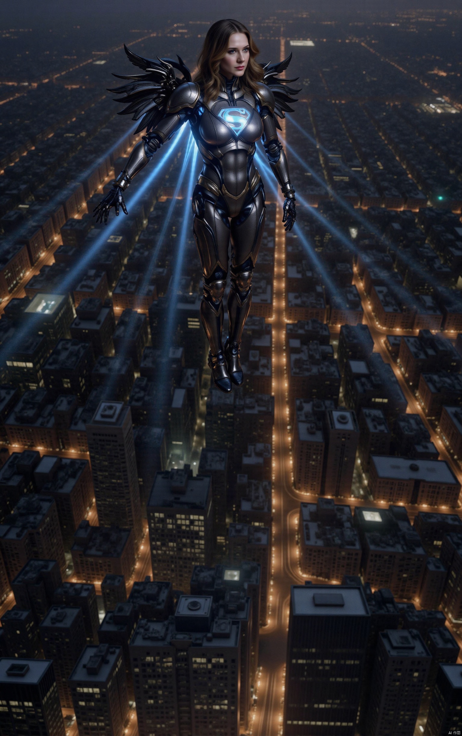 Superwoman, her entire body intricately modified with mechanical enhancements, hovers above the bustling skyline of New York City. Her metallic limbs and glowing red eyes contrast sharply against the night sky, casting eerie shadows upon the skyscrapers below. A fusion of advanced technology and classic superhero aesthetics, this figure exudes a sense of awe and unease. The composition of this picture is dynamic with Superman in the center, while the cityscape forms an intricate backdrop. The perspective structure is aerial, capturing the vastness of New York from above. Her mechanical enhancements include robotic wings that enable flight and glowing blue energy emanating from her chest, reminiscent of a high-tech Kryptonian power source. The scene is set during twilight, with soft ambient light reflecting off the city's buildings and creating a dramatic interplay between light and shadow. In this moment, Superman's primary action involves a subtle but powerful gesture – one arm extended towards a distant horizon, symbolizing his protection over humanity despite his altered form. This scene evokes feelings of both admiration and fear, inviting viewers to ponder the future direction of superhero legends in an increasingly technological world. The painting style is inspired by cyberpunk aesthetics with dark tones and vivid neon accents, paying homage to artists such as Syd Mead and H.R. Giger while also drawing from contemporary digital art trends seen on platforms like Pinterest and MidJourney. The overall effect aims to be visually stunning and thought-provoking, blending classic superhero imagery with futuristic technology in a way that is both beautiful and unsettling.,large natural breast,soft breasts,dlrb,qihuanmopan,hkgod,mohuan,huge Breasts,cleavage,dlls,dlls