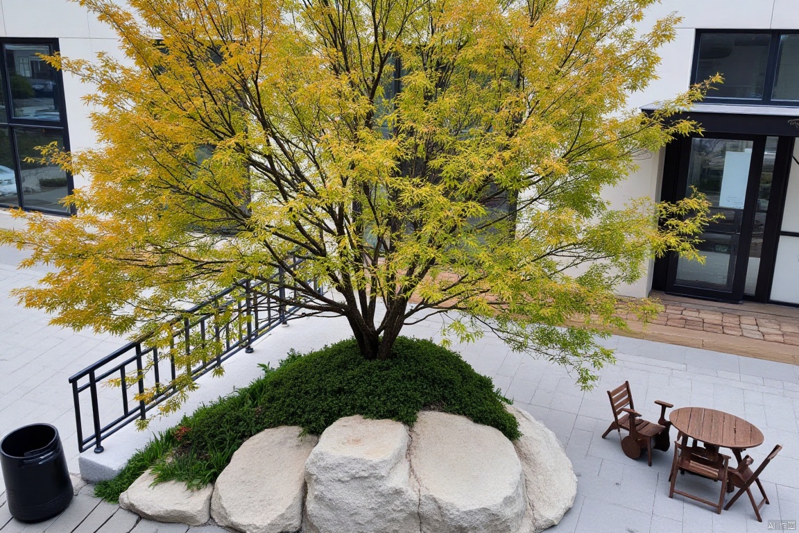 Captured from a high-angle perspective on a sunny day, a tree with yellow leaves stands in front of a white building. The tree's leaves are a vibrant shade of yellow, adding a pop of color to the scene. The building's facade is adorned with a black railing and a white stone walkway leading up to the front of the building. To the right of the tree, a wooden table and chairs can be seen. A black trash can is seen on the left side of the image.,landscape