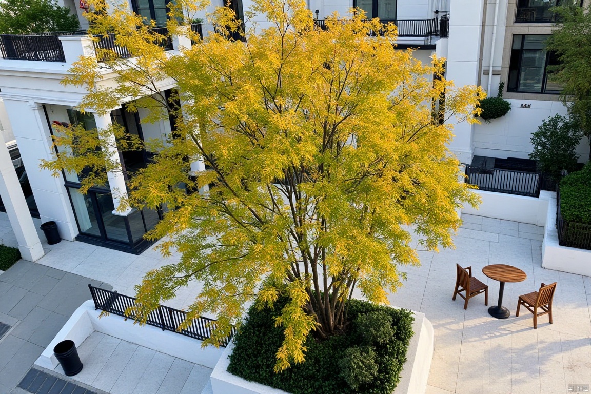 Captured from a high-angle perspective on a sunny day, a tree with yellow leaves stands in front of a white building. The tree's leaves are a vibrant shade of yellow, adding a pop of color to the scene. The building's facade is adorned with a black railing and a white stone walkway leading up to the front of the building. To the right of the tree, a wooden table and chairs can be seen. A black trash can is seen on the left side of the image.,landscape
