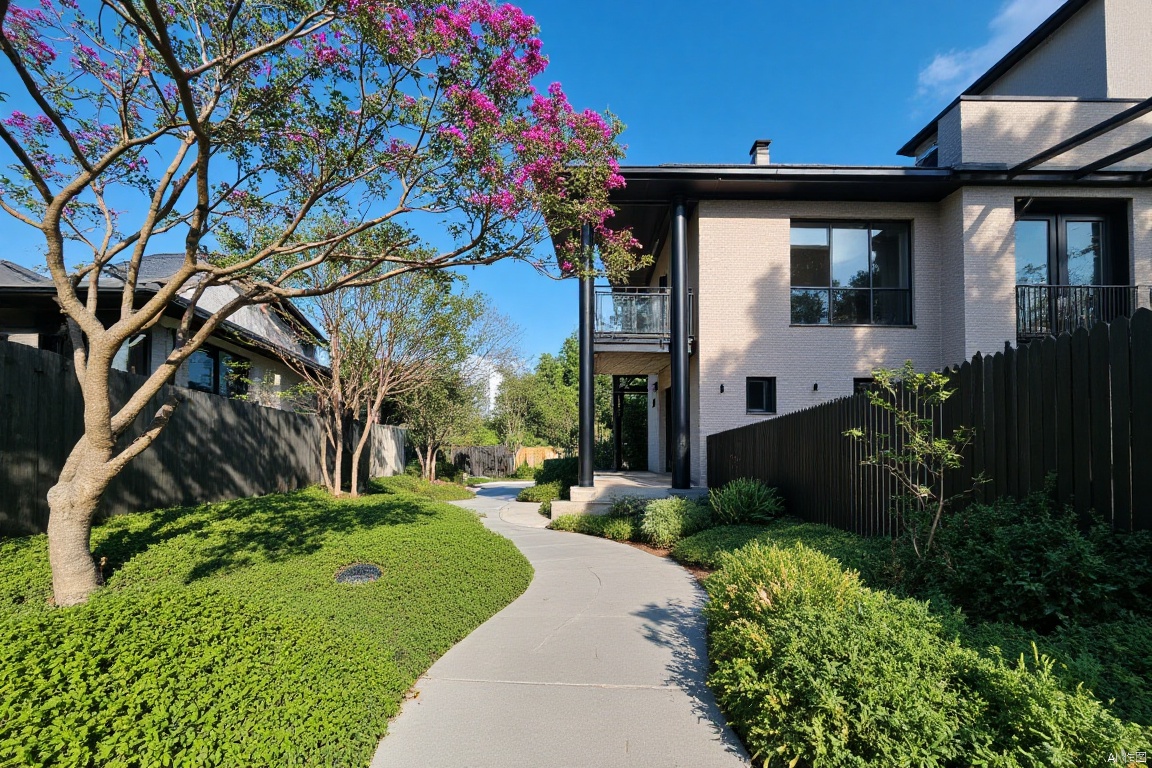 landscape,Captured at eye-level on a sunny day, a pathway winds through a garden. The pathway leads to a two-story house, adorned with black pillars and glass windows. The house casts a shadow on the grass, adding a touch of color to the scene. To the left of the pathway, a tree with pink flowers, adds a pop of color. The sky is a deep blue, dotted with a few wispy clouds