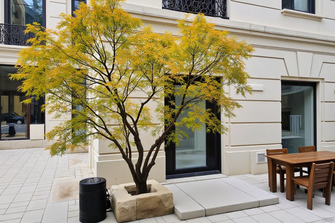 Captured from a high-angle perspective on a sunny day, a tree with yellow leaves stands in front of a white building. The tree's leaves are a vibrant shade of yellow, adding a pop of color to the scene. The building's facade is adorned with a black railing and a white stone walkway leading up to the front of the building. To the right of the tree, a wooden table and chairs can be seen. A black trash can is seen on the left side of the image.,landscape