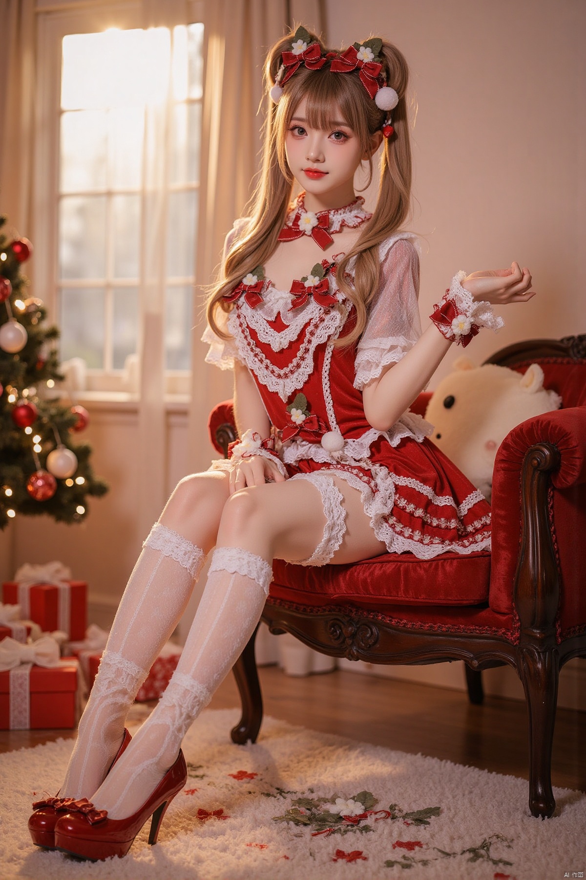 Realistic photo, 1 girl, double ponytails, fair skin, big breasts, Christmas Lolita, long legs, lace stockings, high heels, full body, luxury living room, Christmas tree, Christmas gifts, Christmas,