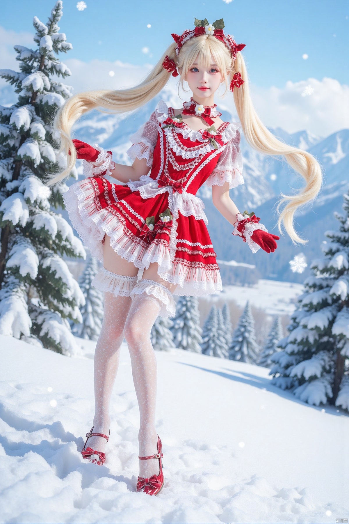 Realistic photos, 1girl, double ponytails, fair skin, big breasts, Christmas Lolita, long legs, lace stockings, high heels, full body, (skiing), falling snow, flying snow, snowy mountains, Christmas tree,