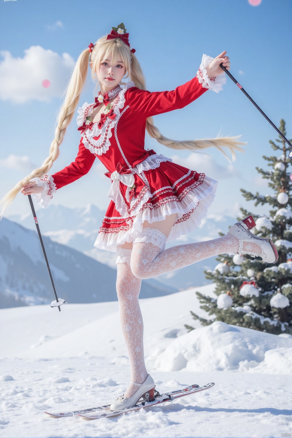 Realistic photos, 1girl, double ponytails, fair skin, big breasts, Christmas Lolita, long legs, lace stockings, high heels, full body, (skiing), falling snow, flying snow, snowy mountains, Christmas tree,