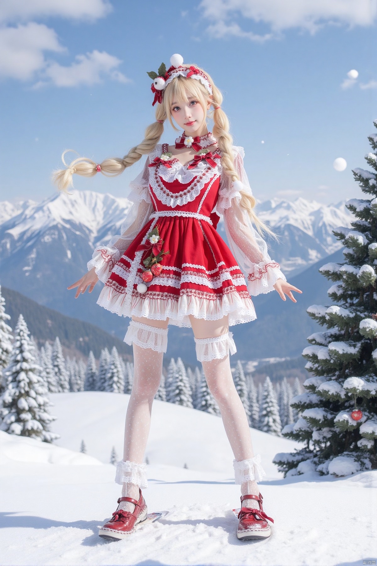 Realistic photos, 1girl, double ponytails, fair skin, big breasts, Christmas Lolita, long legs, lace stockings, high heels, full body, (skiing), falling snow, flying snow, snowy mountains, Christmas tree,