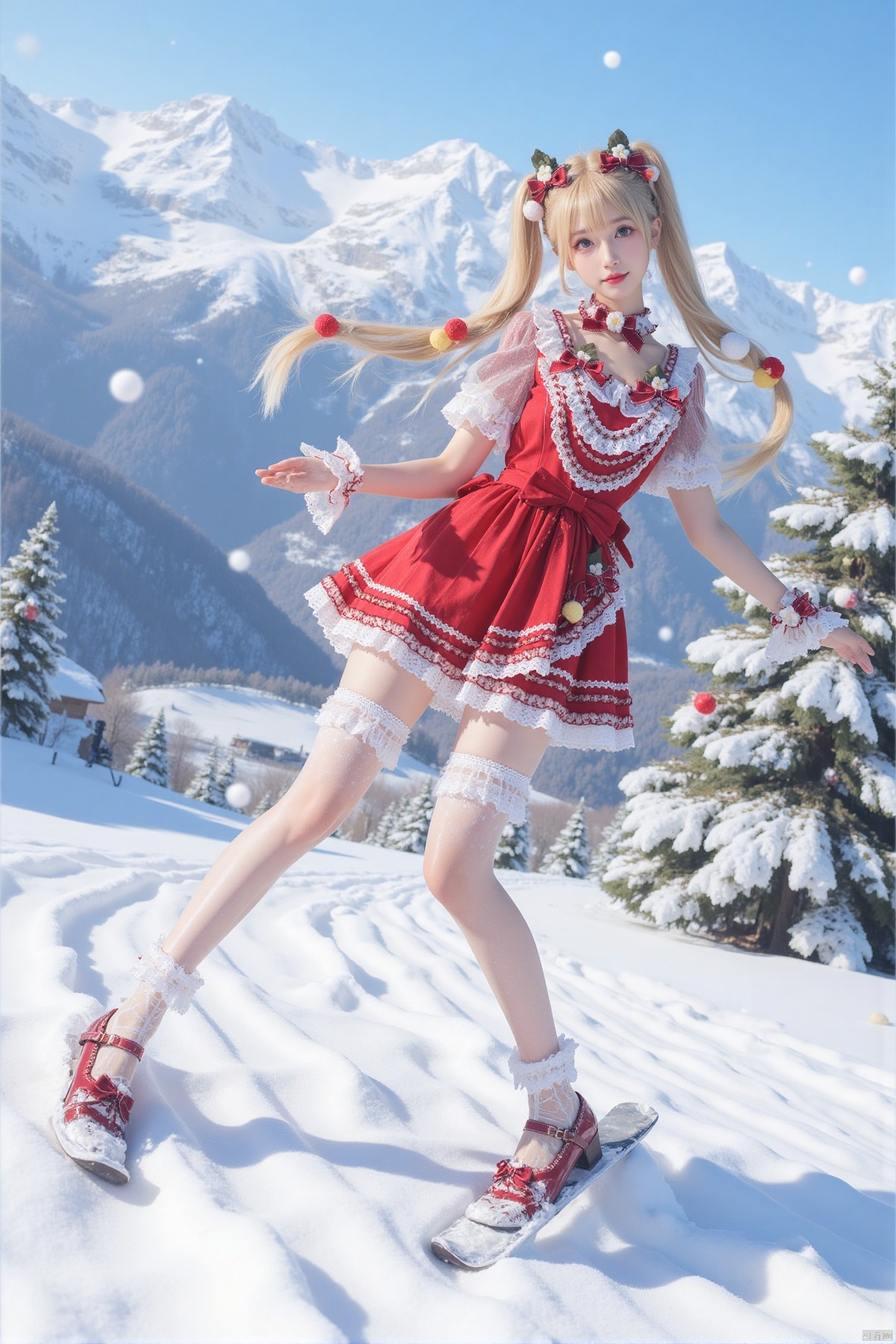 Realistic photos, 1girl, double ponytails, fair skin, big breasts, Christmas Lolita, long legs, lace stockings, high heels, full body, (skiing), falling snow, flying snow, snowy mountains, Christmas tree,