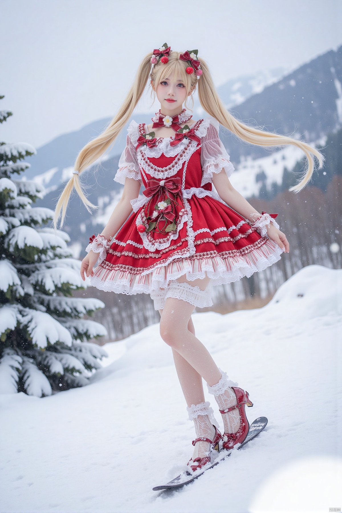 Realistic photos, 1girl, double ponytails, fair skin, big breasts, Christmas Lolita, long legs, lace stockings, high heels, full body, (skiing), falling snow, flying snow, snowy mountains, Christmas tree,
