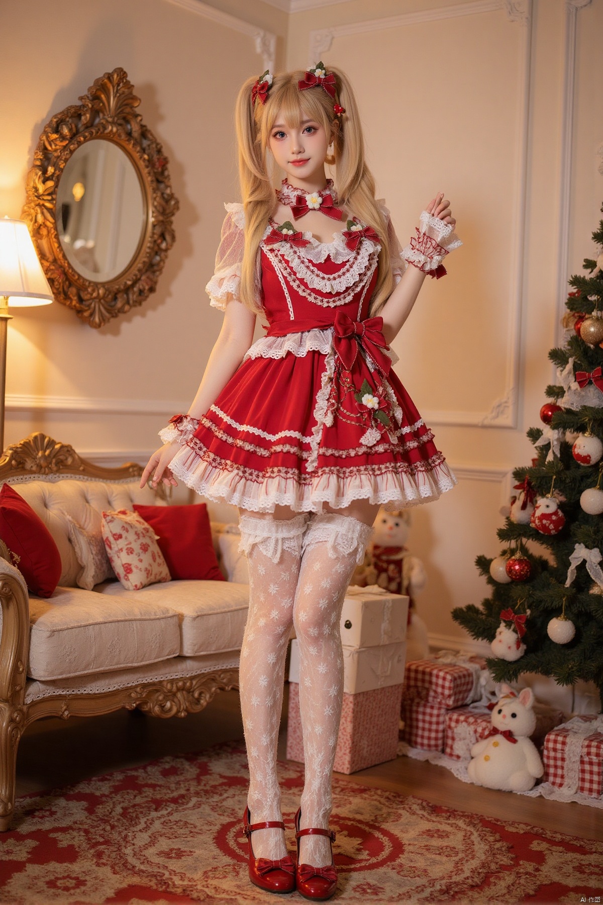 Realistic photo, 1 girl, double ponytails, fair skin, big breasts, Christmas Lolita, long legs, lace stockings, high heels, full body, luxury living room, Christmas tree, Christmas gifts, Christmas,