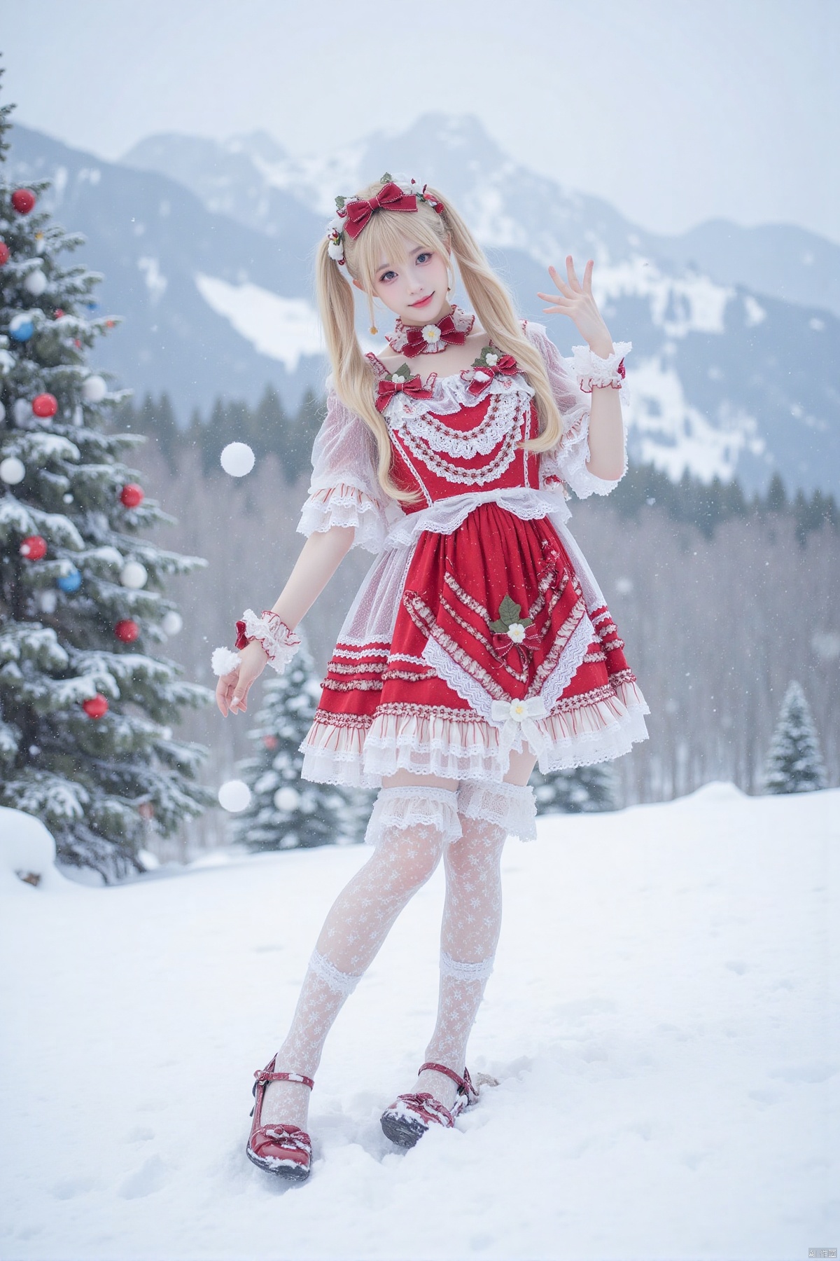 Realistic photos, 1girl, double ponytails, fair skin, big breasts, Christmas Lolita, long legs, lace stockings, high heels, full body, (skiing), falling snow, flying snow, snowy mountains, Christmas tree,