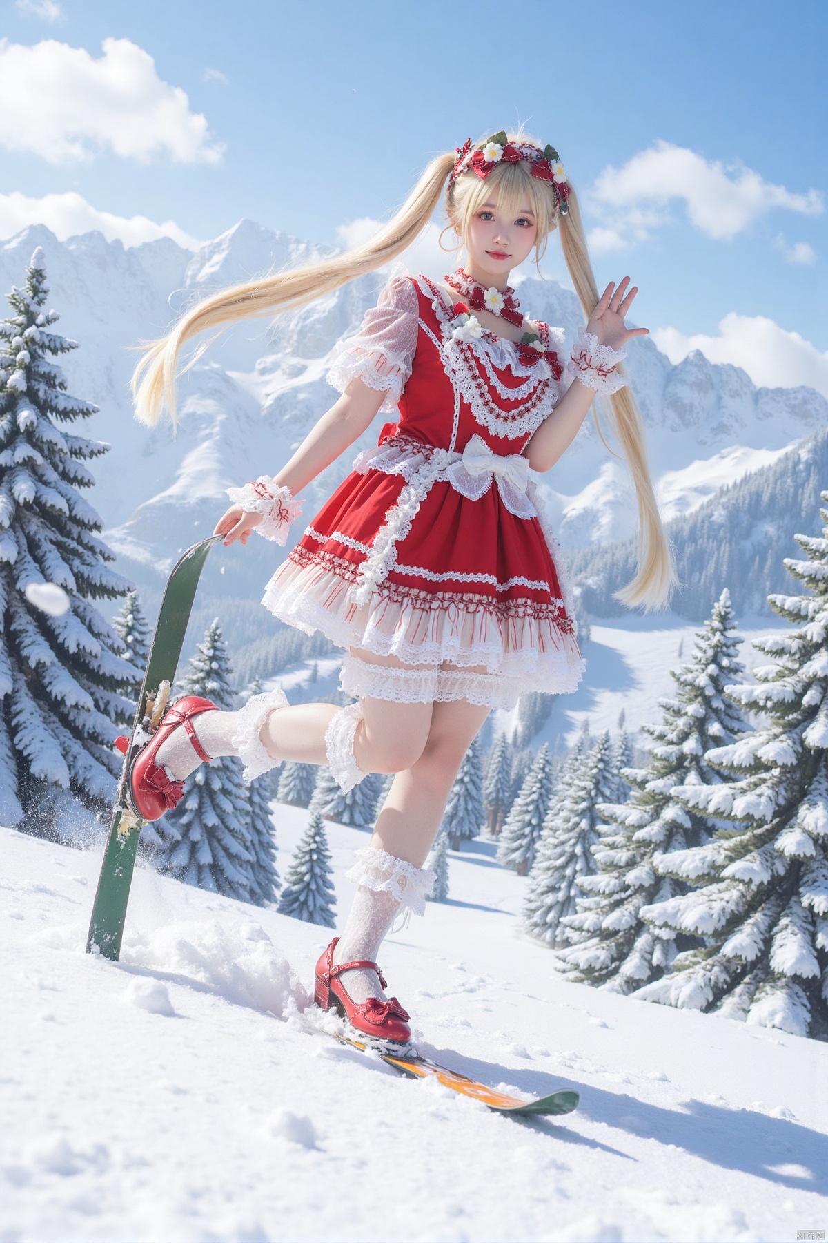 Realistic photos, 1girl, double ponytails, fair skin, big breasts, Christmas Lolita, long legs, lace stockings, high heels, full body, (skiing), falling snow, flying snow, snowy mountains, Christmas tree,