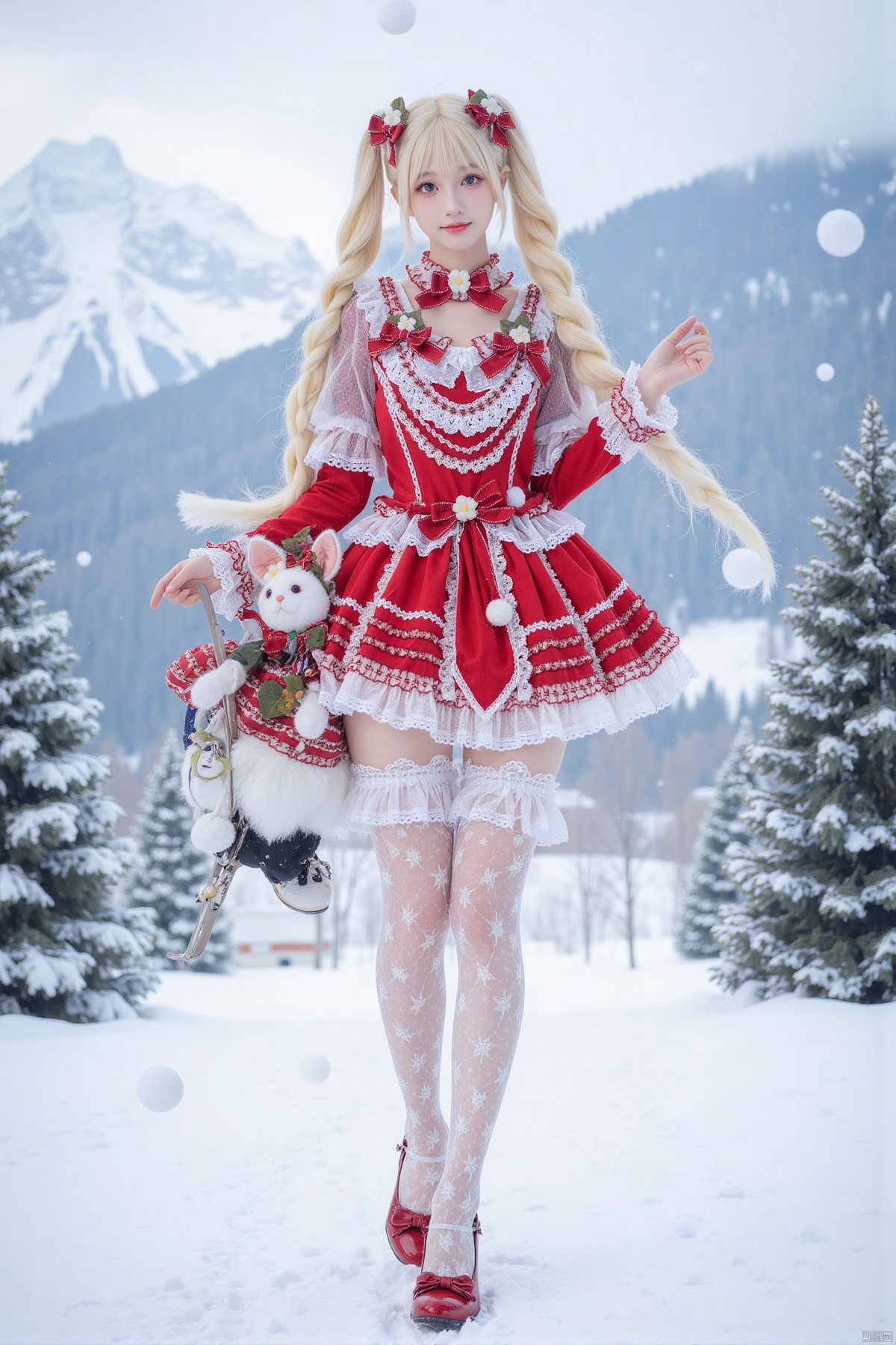 Realistic photos, 1girl, double ponytails, fair skin, big breasts, Christmas Lolita, long legs, lace stockings, high heels, full body, (skiing), falling snow, flying snow, snowy mountains, Christmas tree,