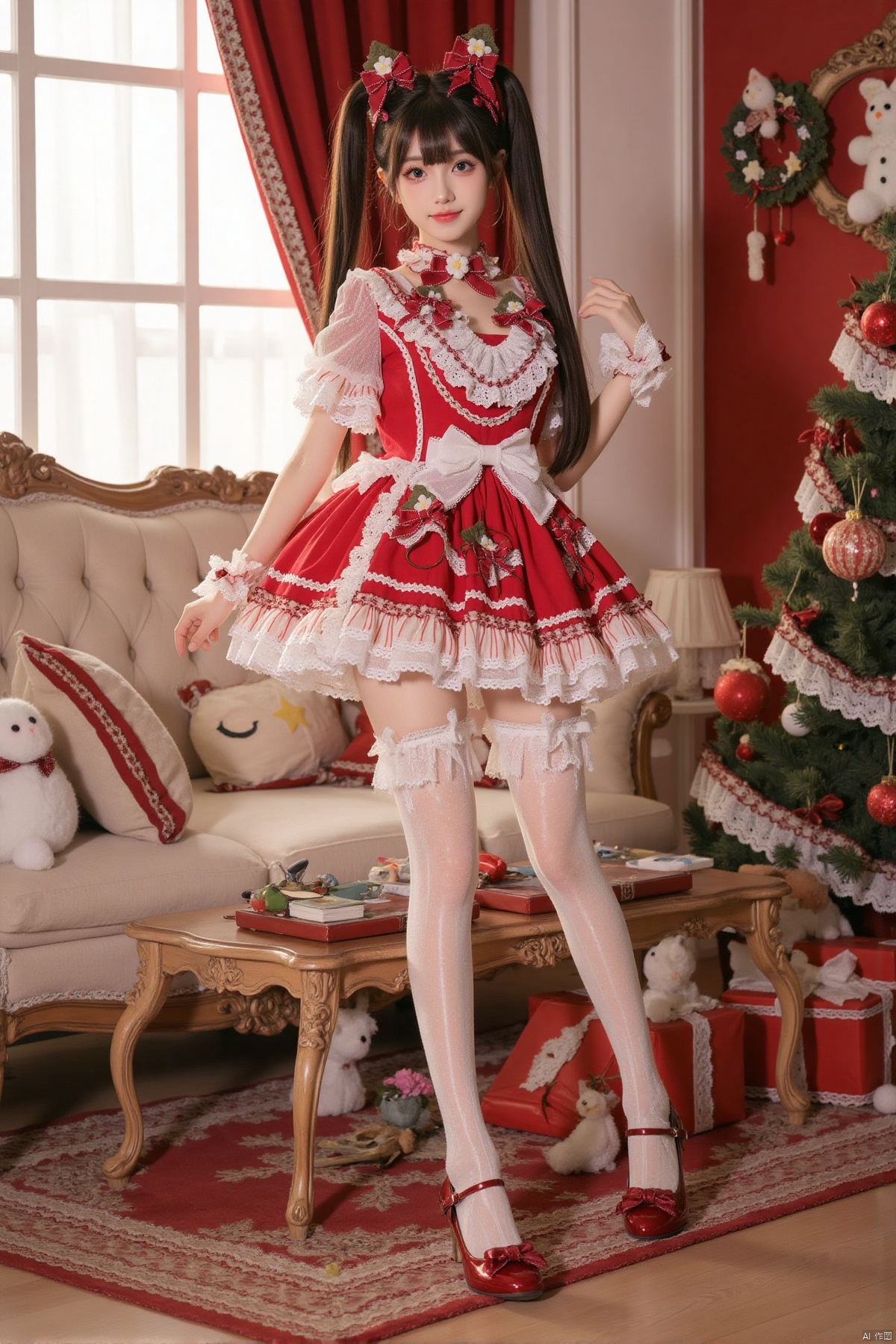 Realistic photo, 1 girl, double ponytails, fair skin, big breasts, Christmas Lolita, long legs, lace stockings, high heels, full body, luxury living room, Christmas tree, Christmas gifts, Christmas,