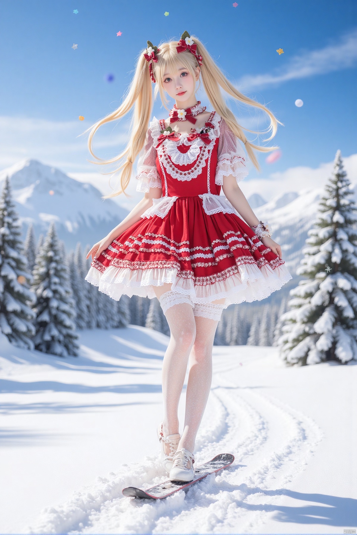 Realistic photos, 1girl, double ponytails, fair skin, big breasts, Christmas Lolita, long legs, lace stockings, high heels, full body, (skiing), falling snow, flying snow, snowy mountains, Christmas tree,