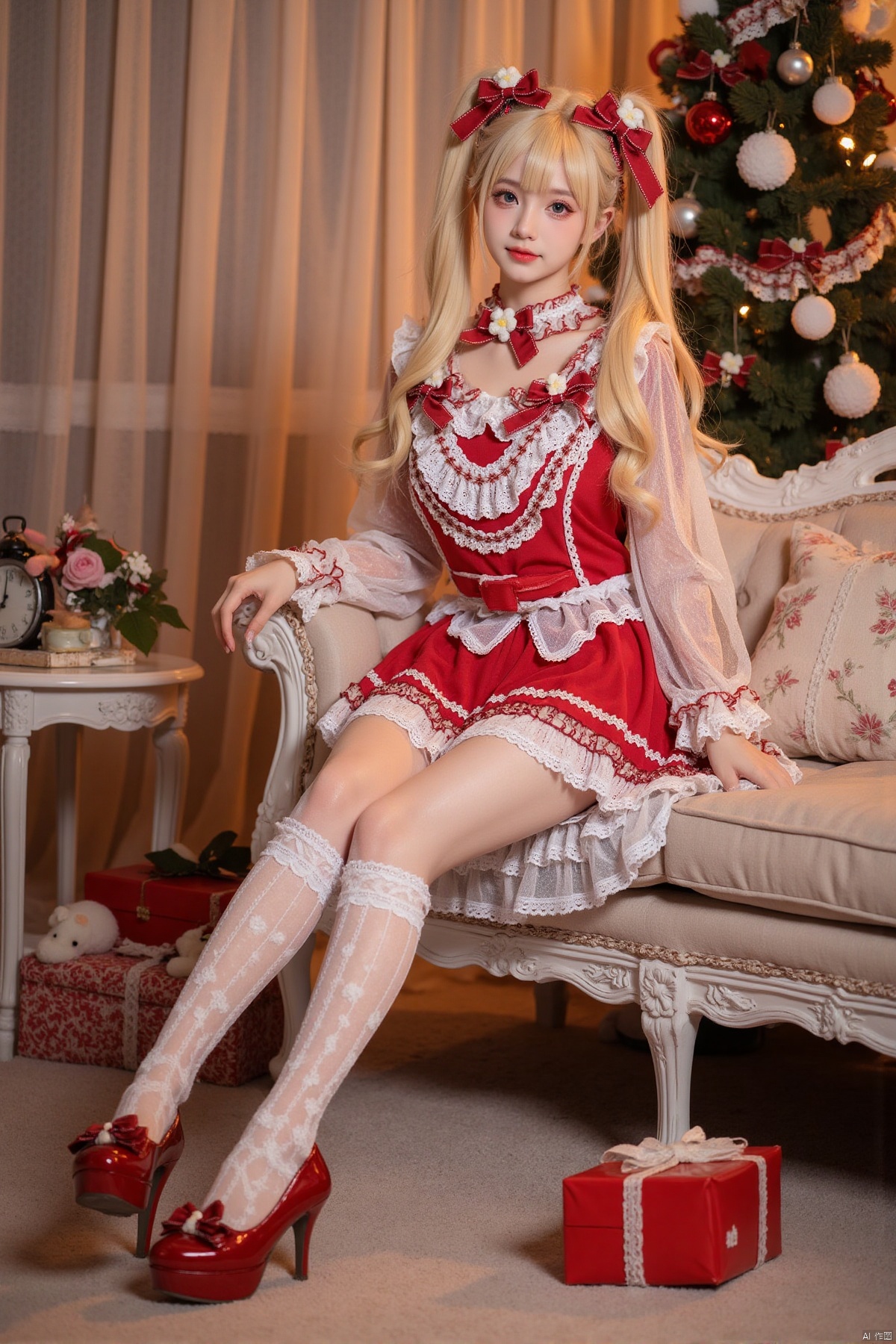 Realistic photo, 1 girl, double ponytails, fair skin, big breasts, Christmas Lolita, long legs, lace stockings, high heels, full body, luxury living room, Christmas tree, Christmas gifts, Christmas,