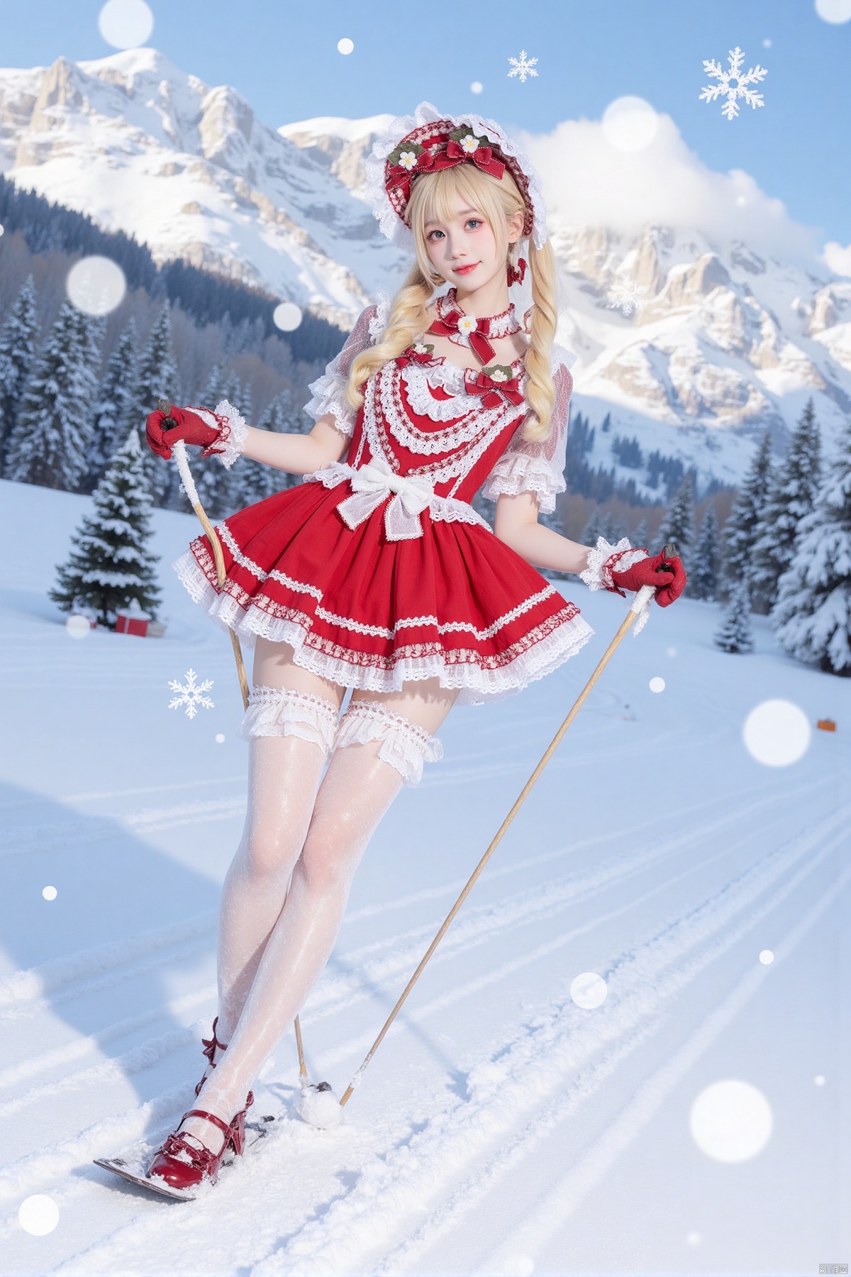 Realistic photos, 1girl, double ponytails, fair skin, big breasts, Christmas Lolita, long legs, lace stockings, high heels, full body, (skiing), falling snow, flying snow, snowy mountains, Christmas tree,