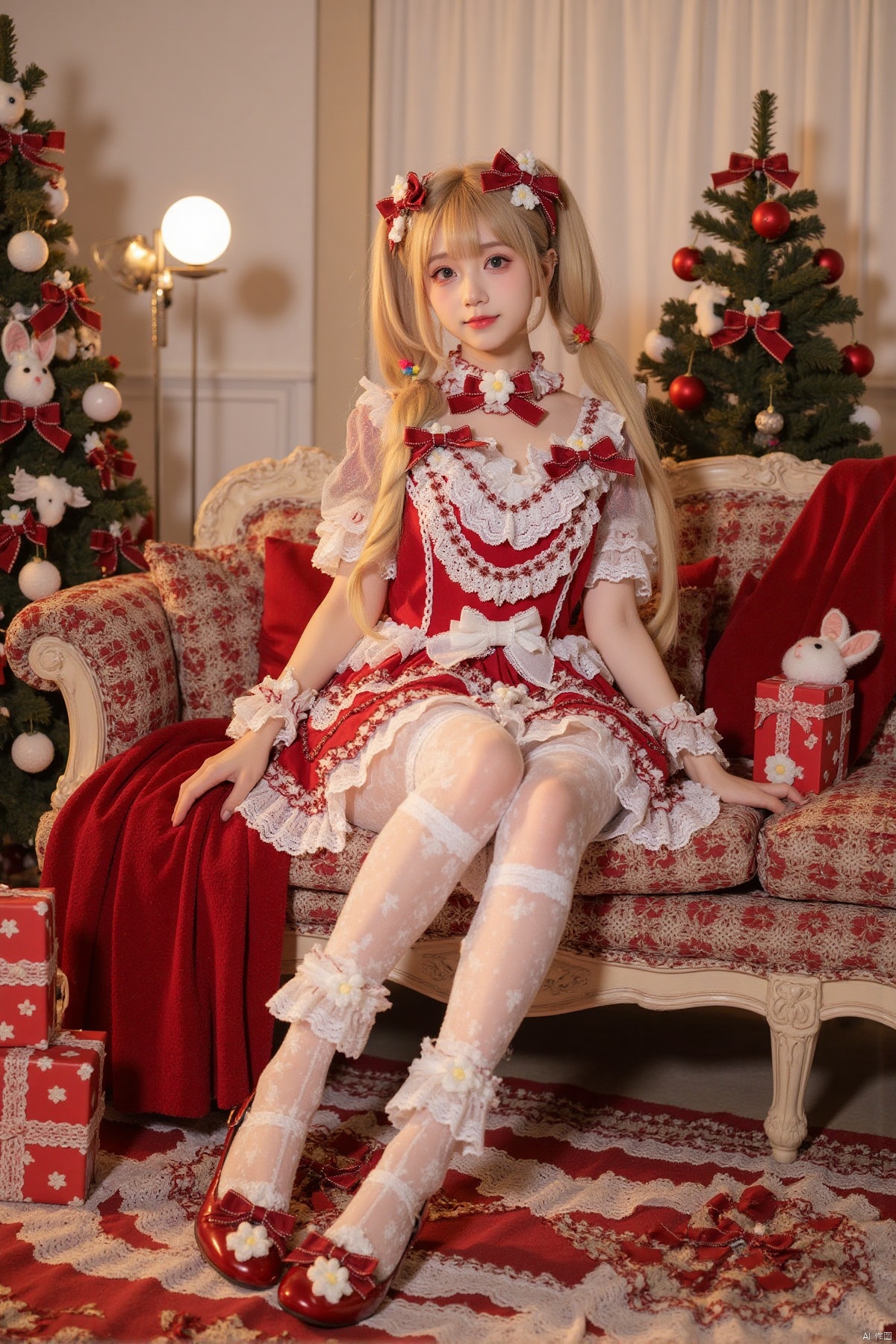 Realistic photo, 1 girl, double ponytails, fair skin, big breasts, Christmas Lolita, long legs, lace stockings, high heels, full body, luxury living room, Christmas tree, Christmas gifts, Christmas,