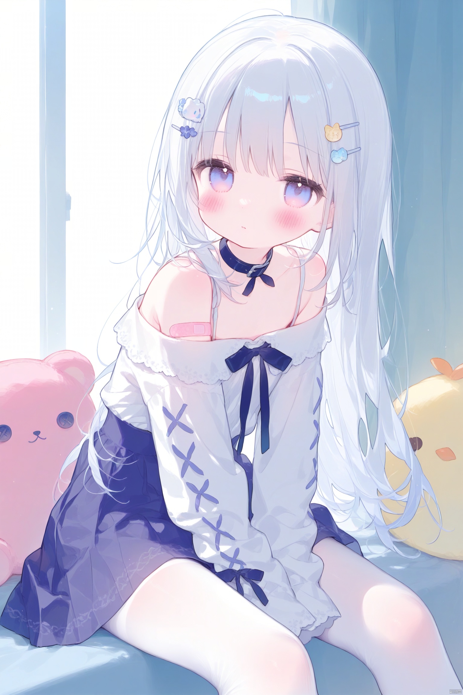 Light clothes loli masterpiece best quality high quality (colorful) loli 1girl solo long hair looking at viewer blush bangs blue eyes skirt white hair shirt hair ornament long sleeves bare shoulders sitting purple eyes pantyhose hairclip off shoulder collar sleeves past wrists stuffed toy stuffed animal bandaid sleeves past fingers white pantyhose