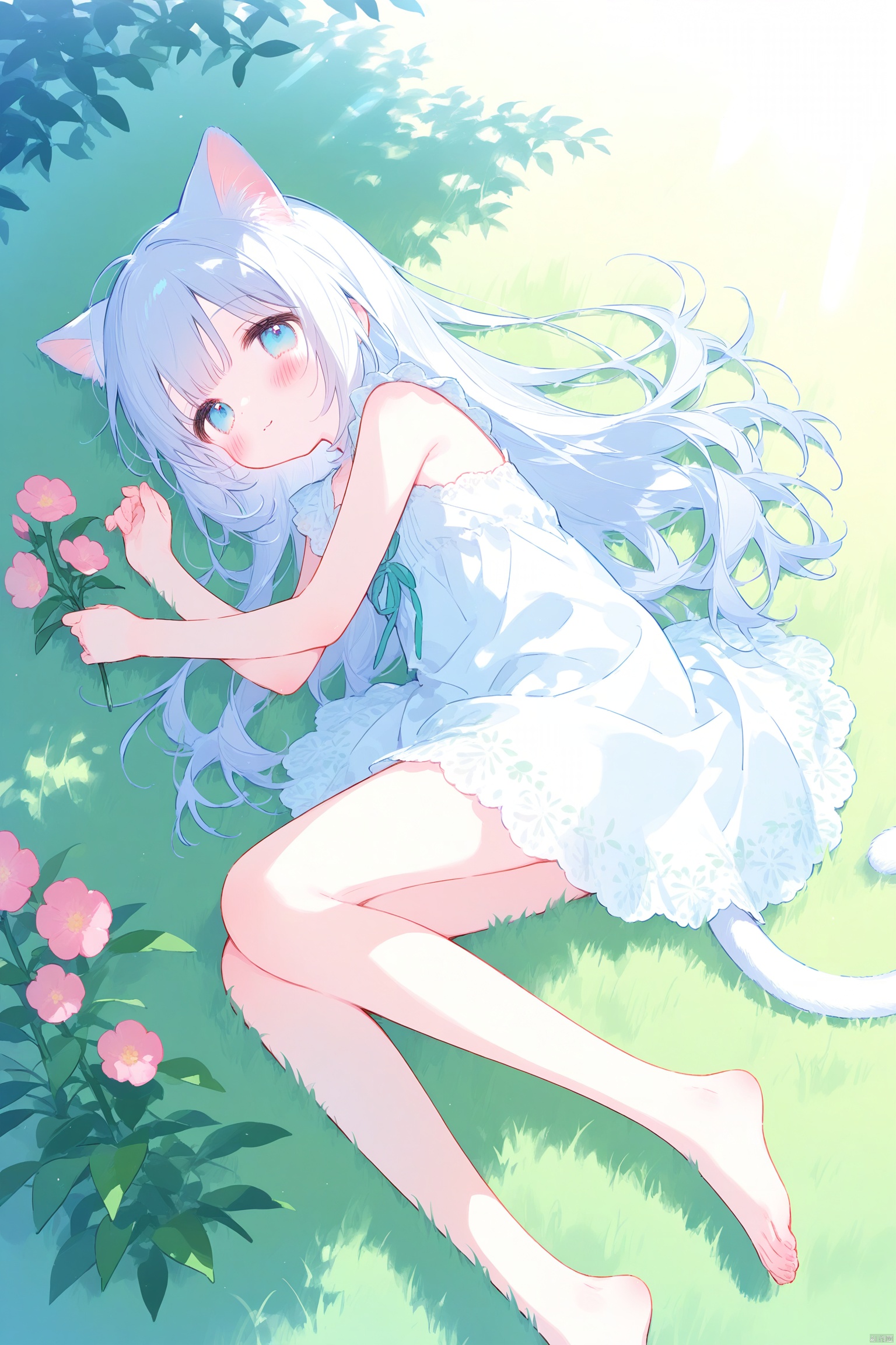 b205,1girl solo long hair white hair cat ears cat tail blue eyes lying on grass white dress holding flower smile blush bright sunlight green field soft focus cat girl relaxed pose outdoors
