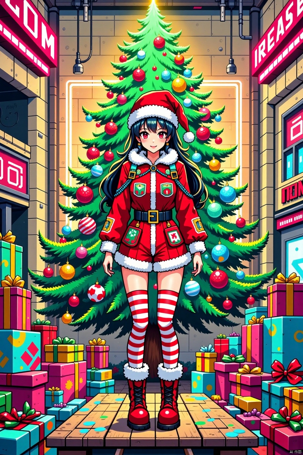 Christmas theme,Christmas theme,(Christmas cyberpunk graffiti scene:1.4) (girl in vibrant Santa outfit with red and green tones, white fur trims, and intricate graphic patches:1.5) (cheerful expression, large anime-style eyes:1.4) (knee-high striped stockings with playful patterns:1.5) (red boots with fur accents and detailed stitching:1.4) (lush Christmas tree decorated with baubles, candy canes, ribbons, and futuristic tech ornaments:1.6) (wooden platform with rugged, irregular edges, scattered with toys and wrapped gifts:1.5) (graffiti-filled background blending neon splashes, uneven typography, and street art:1.5) (warm glowing tree lights contrasting with a textured beige backdrop:1.4) (dynamic composition blending holiday nostalgia with urban chaos:1.5).,pixel style,Pixel art style
