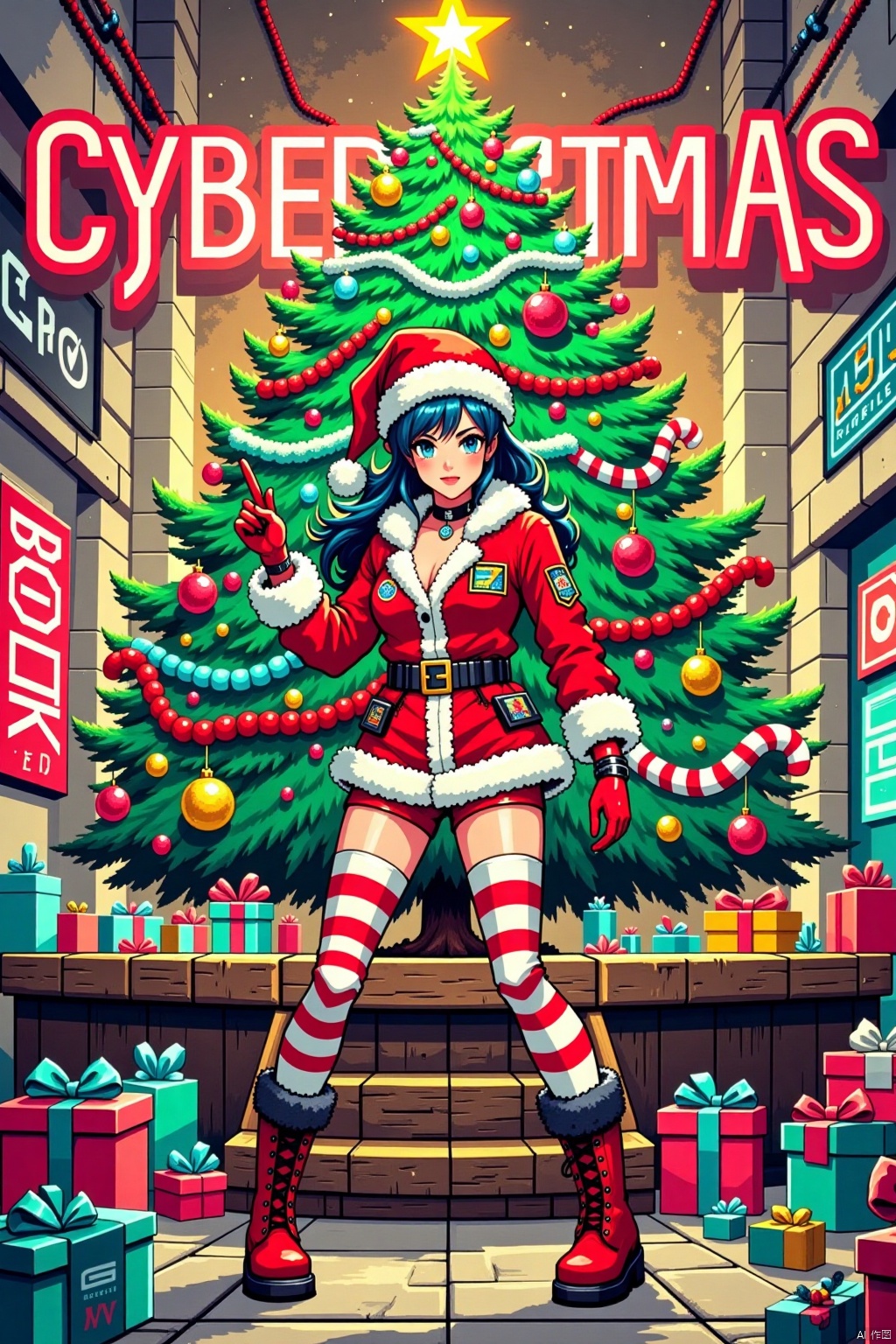 Christmas theme,Christmas theme,(Christmas cyberpunk graffiti scene:1.4) (girl in vibrant Santa outfit with red and green tones, white fur trims, and intricate graphic patches:1.5) (cheerful expression, large anime-style eyes:1.4) (knee-high striped stockings with playful patterns:1.5) (red boots with fur accents and detailed stitching:1.4) (lush Christmas tree decorated with baubles, candy canes, ribbons, and futuristic tech ornaments:1.6) (wooden platform with rugged, irregular edges, scattered with toys and wrapped gifts:1.5) (graffiti-filled background blending neon splashes, uneven typography, and street art:1.5) (warm glowing tree lights contrasting with a textured beige backdrop:1.4) (dynamic composition blending holiday nostalgia with urban chaos:1.5).,pixel style,Pixel art style