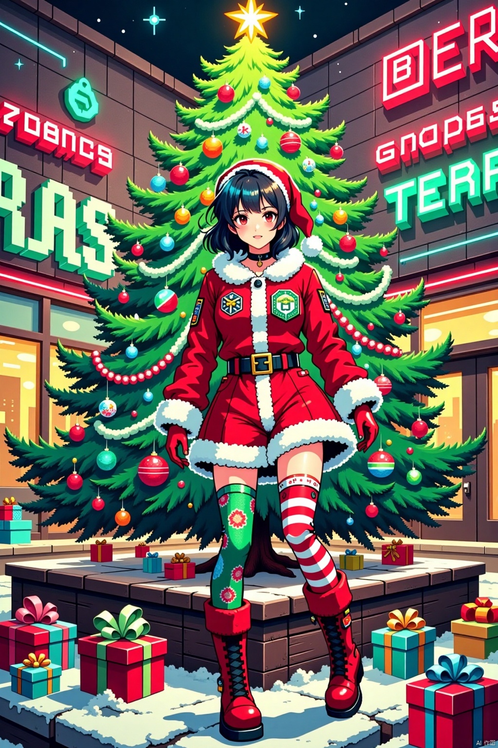 Christmas theme,Christmas theme,(Christmas cyberpunk graffiti scene:1.4) (girl in vibrant Santa outfit with red and green tones, white fur trims, and intricate graphic patches:1.5) (cheerful expression, large anime-style eyes:1.4) (knee-high striped stockings with playful patterns:1.5) (red boots with fur accents and detailed stitching:1.4) (lush Christmas tree decorated with baubles, candy canes, ribbons, and futuristic tech ornaments:1.6) (wooden platform with rugged, irregular edges, scattered with toys and wrapped gifts:1.5) (graffiti-filled background blending neon splashes, uneven typography, and street art:1.5) (warm glowing tree lights contrasting with a textured beige backdrop:1.4) (dynamic composition blending holiday nostalgia with urban chaos:1.5).,pixel style,Pixel art style
