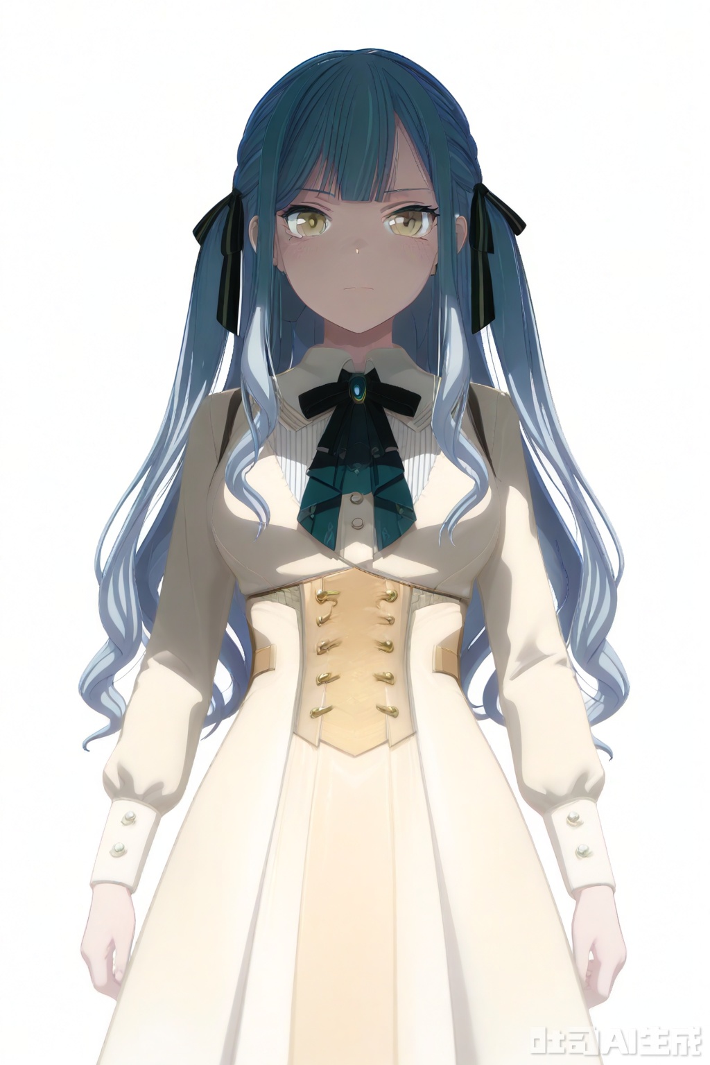 masterpiece, best quality,solo,((white background:1.2)),simple background,
looking at viewer,togawa sakiko,long hair,bangs,ribbon,hair ribbon,black ribbon,two side up,blue hair,grey hair,sidelocks,blunt bangs,yellow eyes