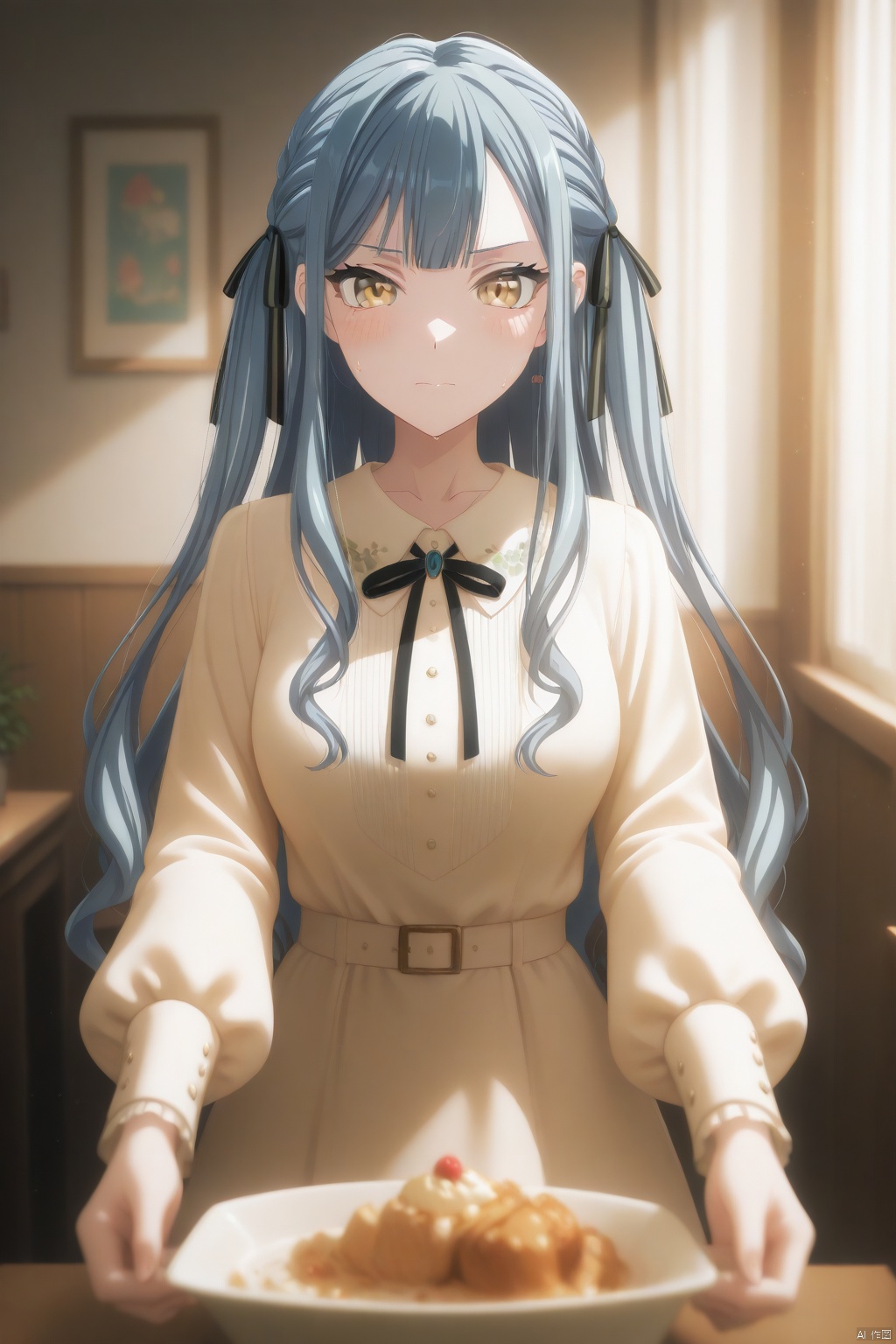 togawa sakiko,long hair,bangs,ribbon,hair ribbon,black ribbon,two side up,blue hair,grey hair,sidelocks,blunt bangs,yellow eyes