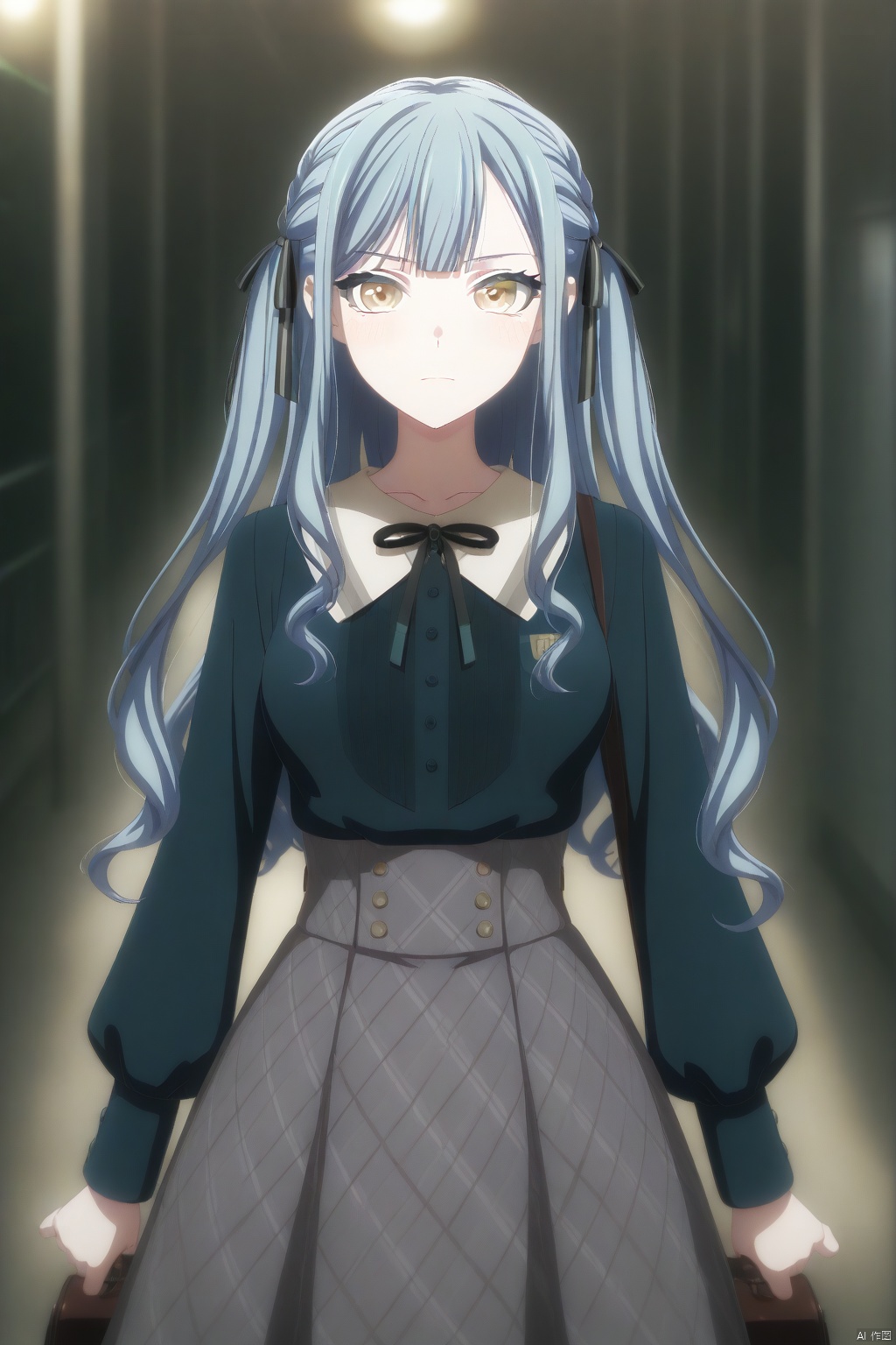 togawa sakiko,long hair,bangs,ribbon,hair ribbon,black ribbon,two side up,blue hair,grey hair,sidelocks,blunt bangs,yellow eyes
skirt,shirt,long sleeves,neck ribbon,plaid skirt,grey skirt,high-waist skirt