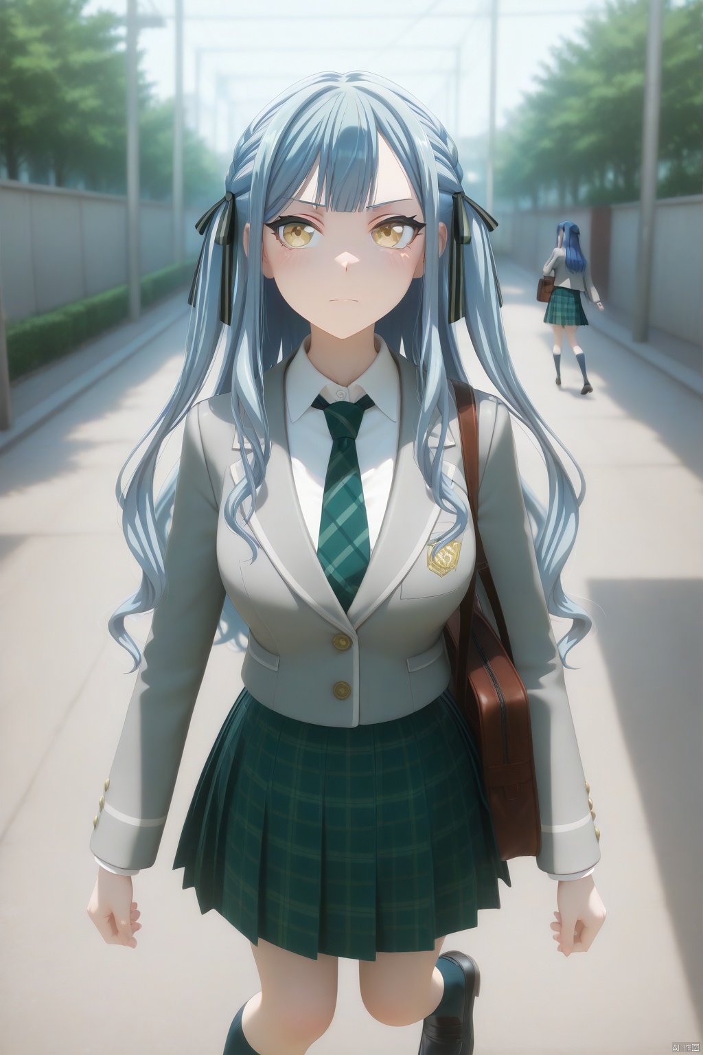 togawa sakiko,long hair,bangs,ribbon,hair ribbon,black ribbon,two side up,blue hair,grey hair,sidelocks,blunt bangs,yellow eyes
skirt,shirt,long sleeves,school uniform,jacket,pleated skirt,necktie,shoes,black footwear, kneehighs,plaid skirt,green skirt,black socks,loafers, grey jacket