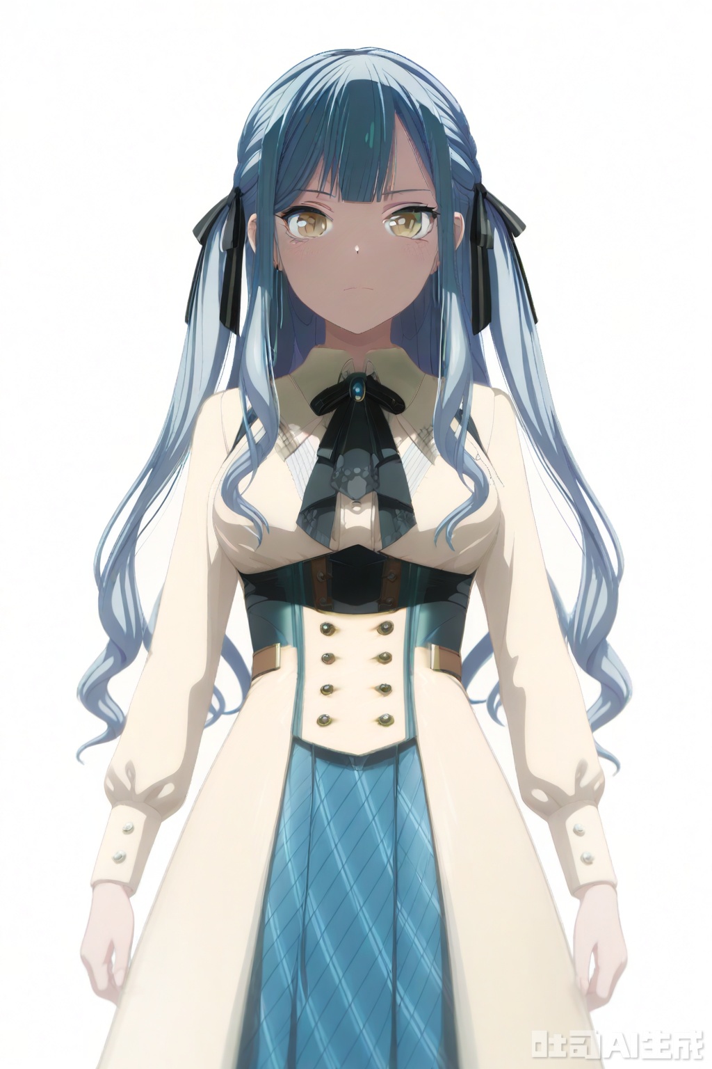 masterpiece, best quality,solo,((white background:1.2)),simple background,
looking at viewer,togawa sakiko,long hair,bangs,ribbon,hair ribbon,black ribbon,two side up,blue hair,grey hair,sidelocks,blunt bangs,yellow eyes