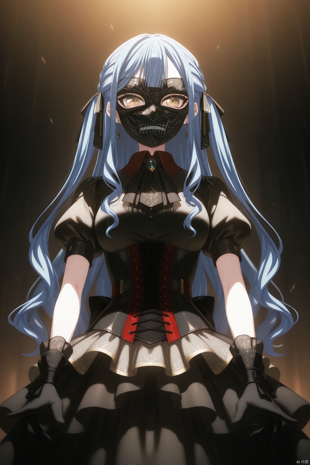 togawa sakiko,long hair,bangs,ribbon,hair ribbon,black ribbon,two side up,blue hair,grey hair,sidelocks,blunt bangs,yellow eyes
short sleeves, black gloves,red collared shirt,puffy sleeves, jewelry,black dress,layered skirt, black_mask,puffy short sleeves,black ascot,gold_trim
black_mask