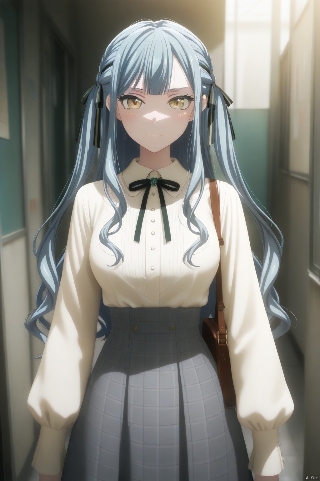togawa sakiko,long hair,bangs,ribbon,hair ribbon,black ribbon,two side up,blue hair,grey hair,sidelocks,blunt bangs,yellow eyes
skirt,shirt,long sleeves,neck ribbon,plaid skirt,grey skirt,high-waist skirt,white_shirt