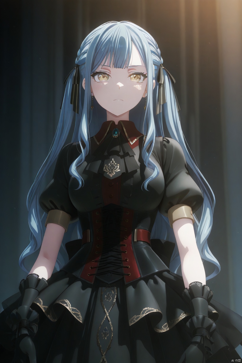 togawa sakiko,long hair,bangs,ribbon,hair ribbon,black ribbon,two side up,blue hair,grey hair,sidelocks,blunt bangs,yellow eyes
short sleeves, black gloves,red collared shirt,puffy sleeves, jewelry,black dress,layered skirt, puffy short sleeves,black ascot,gold_trim
