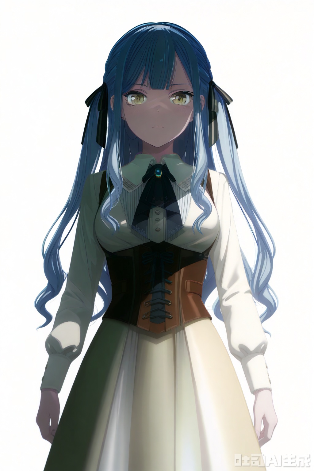 masterpiece, best quality,solo,((white background:1.2)),simple background,
looking at viewer,togawa sakiko,long hair,bangs,ribbon,hair ribbon,black ribbon,two side up,blue hair,grey hair,sidelocks,blunt bangs,yellow eyes