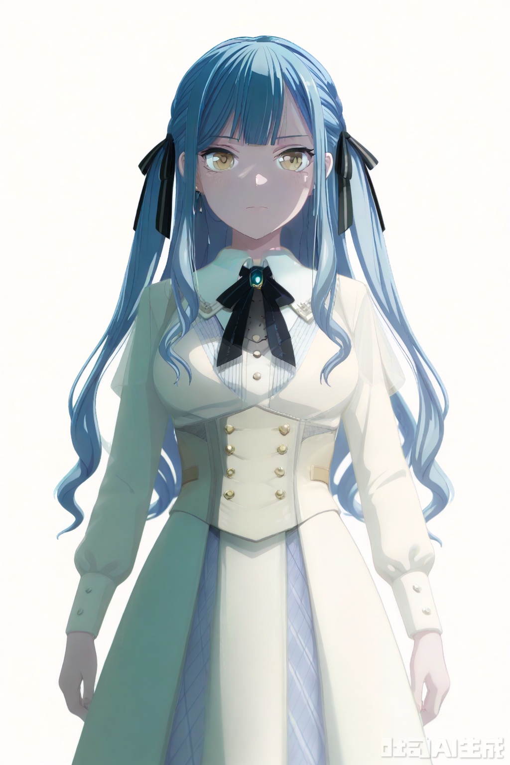 masterpiece, best quality,solo,((white background:1.2)),simple background,
looking at viewer,togawa sakiko,long hair,bangs,ribbon,hair ribbon,black ribbon,two side up,blue hair,grey hair,sidelocks,blunt bangs,yellow eyes