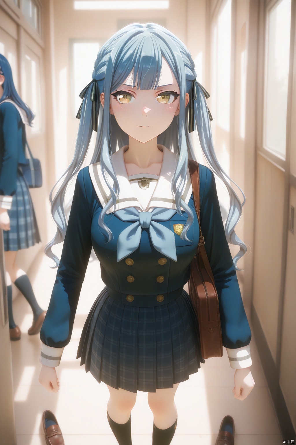 togawa sakiko,long hair,bangs,ribbon,hair ribbon,black ribbon,two side up,blue hair,grey hair,sidelocks,blunt bangs,yellow eyes
skirt, shirt,long sleeves,school uniform,serafuku,bowtie,sailor collar,plaid skirt,double-breasted,dress,pleated skirt,shoes,serafuku,socks,neckerchief,kneehighs,brown footwear,black socks,loafers,white sailor collar,blue neckerchief, navy blue school uniform with a white collar