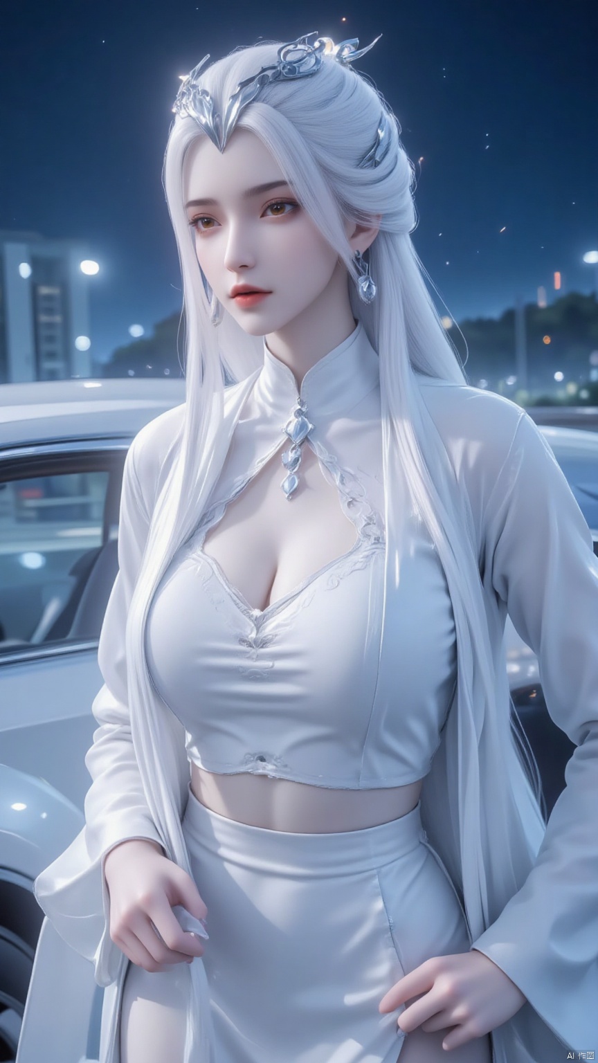 A white-haired girl with smooth hair,  wearing a silver hair accessory,  a single bun with a delicate silver crown by 达摩院首...