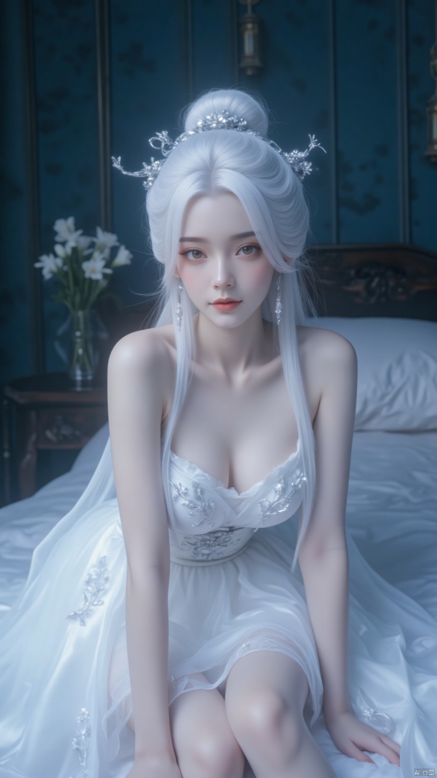 A classical beauty,  with long white hair as smooth as satin,  a single bun by 达摩院首座 on Tensor.Art