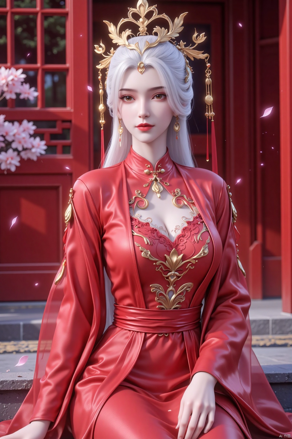 a woman dressed in a red silk dress,  adorned with a gold crown,  is seated on a step in front of a window. The woman's dr...