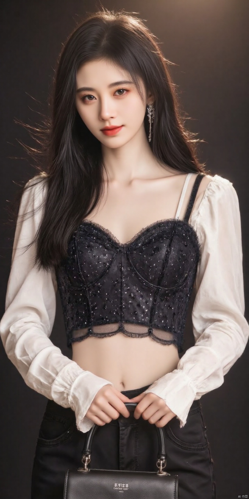 (Good structure), HDR, UHD, 8K, A real person, Highly detailed, best quality, masterpiece, 1girl, realistic, Highly detailed, (EOS R8, 50mm, F1.2, 8K, RAW photo:1.2), ultra realistic 8k, (best illumination, best shadow, extremely delicate and beautiful), (official art, beautiful and aesthetic:1.2), solo, 1girl, , Wind, flowing hair, kind smile, , pose for picture, Dynamic pose, looking_at_viewer, , perfect body, jujingyi, 1girl, solo, jewelry, long hair, earrings, bag, pants, handbag, holding, sleeves past wrists, shirt, black hair, crop top, long sleeves, midriff, smile, holding bag, standing