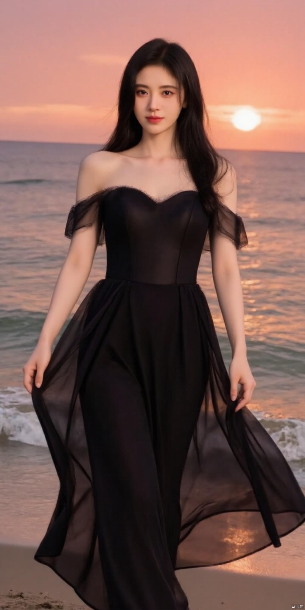 In a black off-shoulder dress, the beauty is walking on the beach, with the sea breeze gently blowing her skirt and hair, and the gorgeous sunset on the horizon.,jujingyi