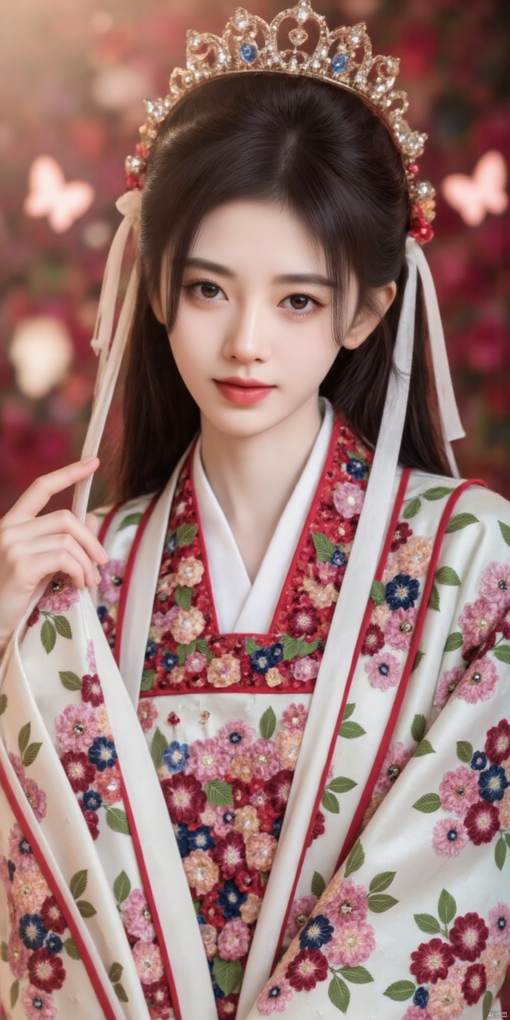 (((masterpiece))), ((the best quality, super fine illustrations, beautiful and delicate water)),Depth of field, fine 8KCG wallpapers, ( delicate light), ((cinematic lighting)),(portrait),Portrait lens,(((Alphonse Mucha))),((Fantasy style)),((shine)),(((Tarot card)))(young girl),(((China_Cheongsam))),(delicate eyelash),((cute anime face)),(extremely delicate and beautiful),(hair_flower),(Gem),(crystal),((colored inner long hair)),(multicolored),(beautiful detailed face ),((( detailed long hair ))),floating long hair,gradient hair,(lace),(ribbon),((crown)),(detailed cloth)((Butterfly)),(detailed Butterfly) ,(multicolored Butterfly),(neon palette),((detailed flowers)) ,((multicolored flowers)),(flowers_Surrounded),(Butterfly_Surrounded)(((Flowers fill the screen))),((Fill the screen)), ,jujingyi