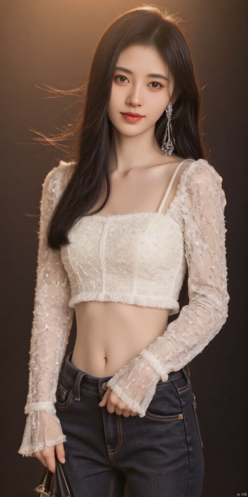 (Good structure), HDR, UHD, 8K, A real person, Highly detailed, best quality, masterpiece, 1girl, realistic, Highly detailed, (EOS R8, 50mm, F1.2, 8K, RAW photo:1.2), ultra realistic 8k, (best illumination, best shadow, extremely delicate and beautiful), (official art, beautiful and aesthetic:1.2), solo, 1girl, , Wind, flowing hair, kind smile, , pose for picture, Dynamic pose, looking_at_viewer, , perfect body, jujingyi, 1girl, solo, jewelry, long hair, earrings, bag, pants, handbag, holding, sleeves past wrists, shirt, black hair, crop top, long sleeves, midriff, smile, holding bag, standing