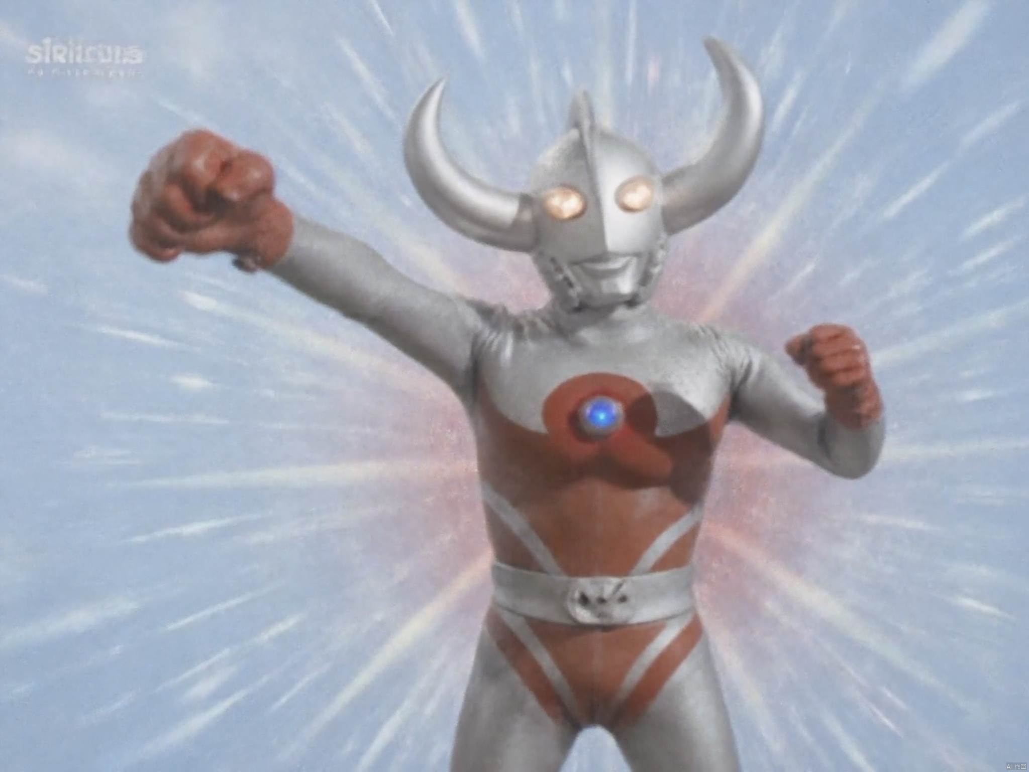 ultraman,silver bodysuit,red gloves,legwear,gloves,red boots,cover,mask,plugsuit,armor,bodysuit,red pattern on body,silver tight-fitting,red footwear,helmet,leather suit,latex,tokusatsu,no humans,science fiction,silver head,hard mask,no smile,no eyes,no nose,solo,silver rubber bodysuit with red line,horns,belt,Ultlive rise,clenched hand,punching
