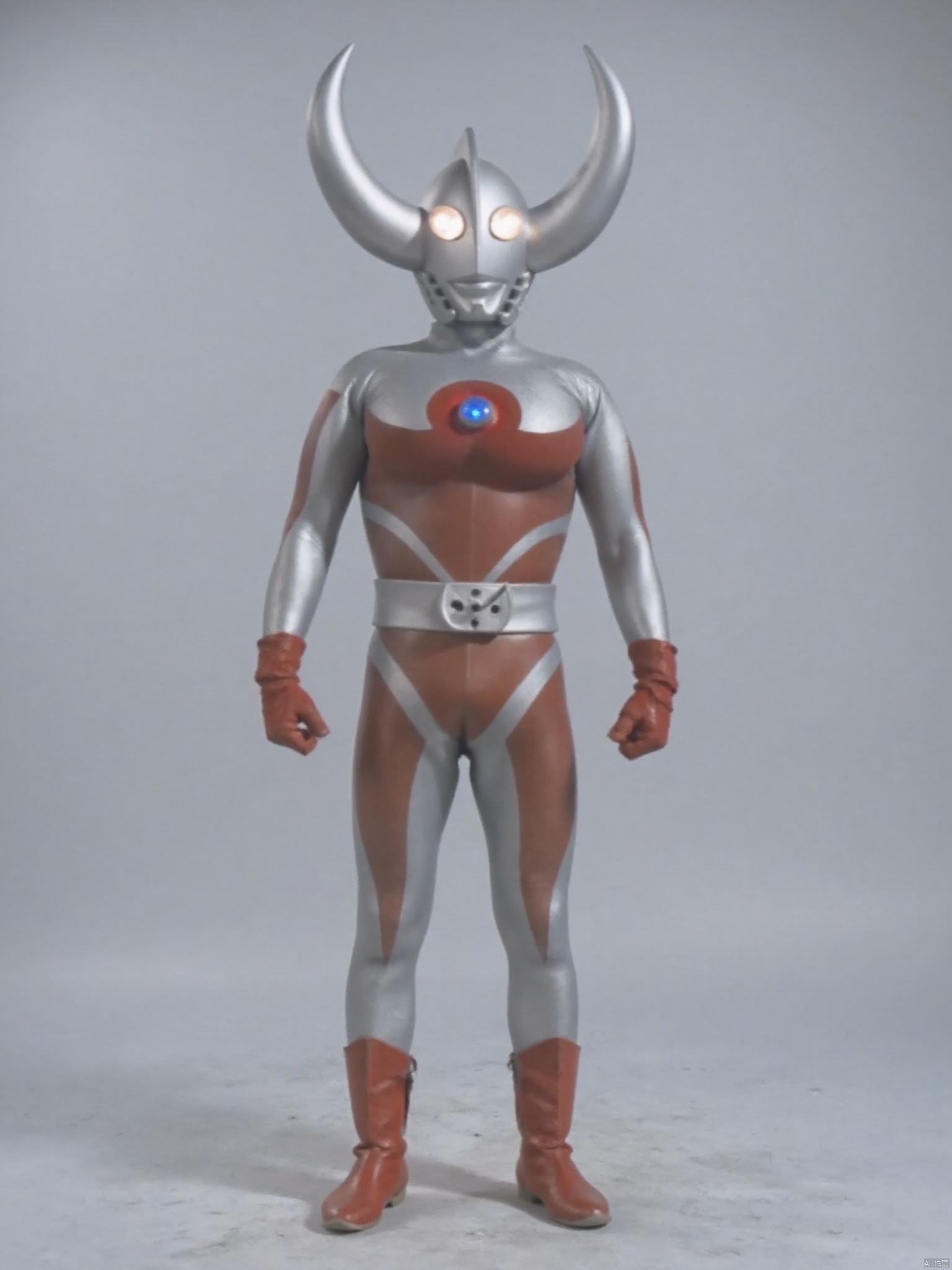 ultraman,silver bodysuit,red gloves,legwear,gloves,red boots,cover,mask,plugsuit,armor,bodysuit,red pattern on body,silver tight-fitting,red footwear,helmet,leather suit,latex,tokusatsu,no humans,science fiction,silver head,hard mask,no smile,no eyes,no nose,solo,silver rubber bodysuit with red line,horns,belt