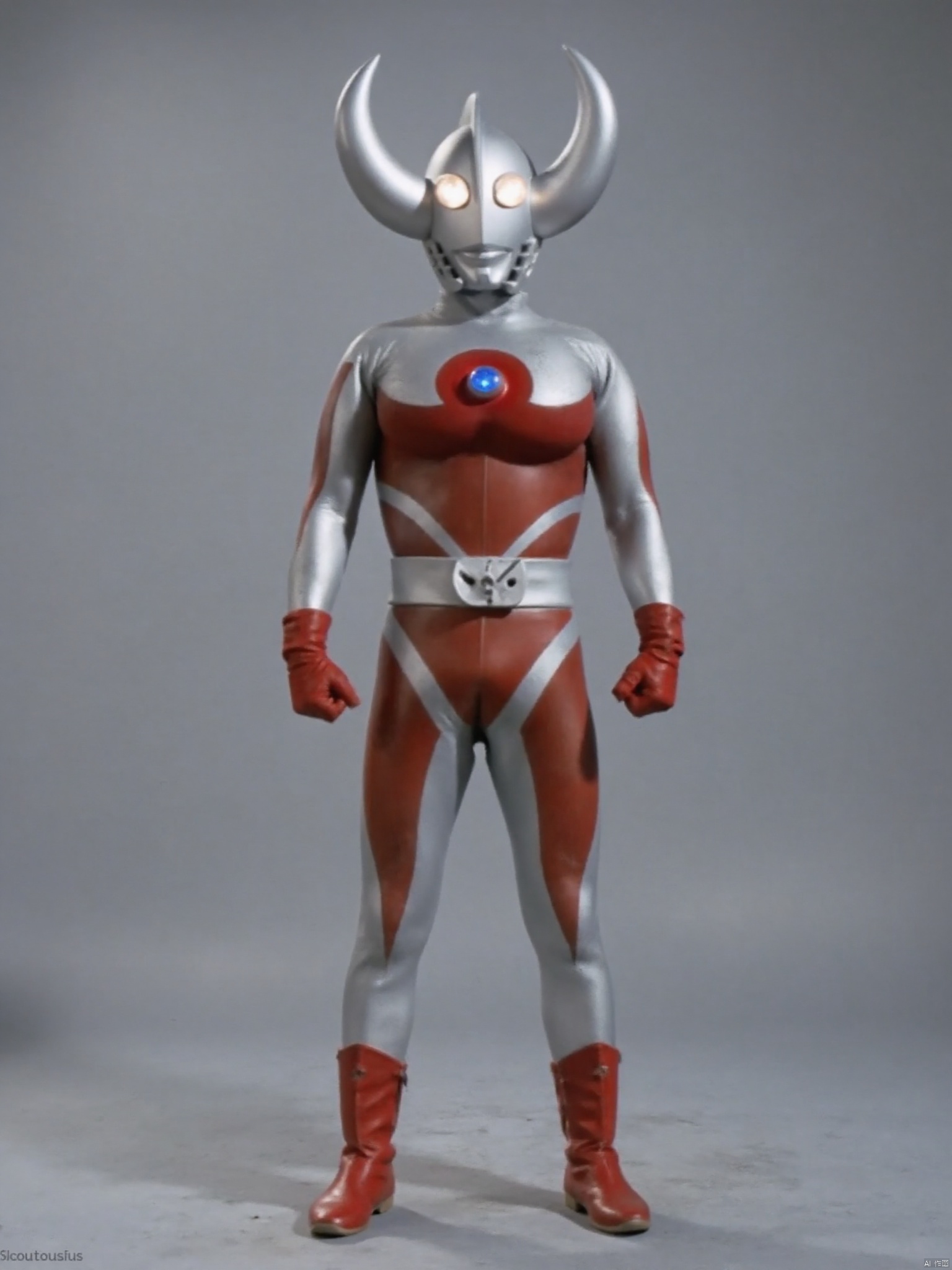 ultraman,silver bodysuit,red gloves,legwear,gloves,red boots,cover,mask,plugsuit,armor,bodysuit,red pattern on body,silver tight-fitting,red footwear,helmet,leather suit,latex,tokusatsu,no humans,science fiction,silver head,hard mask,no smile,no eyes,no nose,solo,silver rubber bodysuit with red line,horns,belt