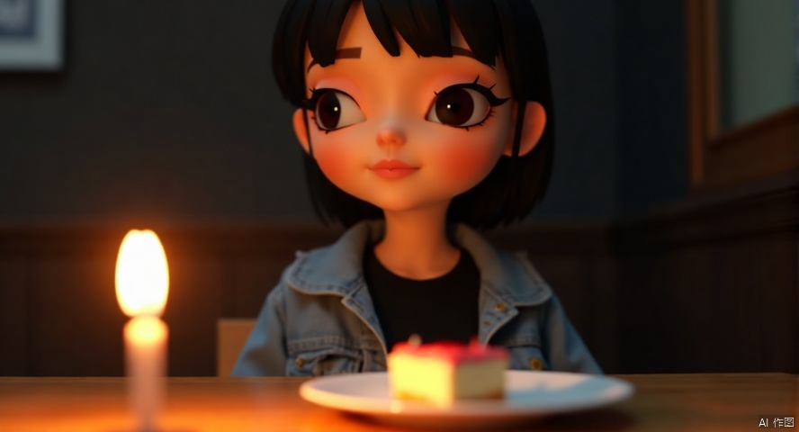 A close-up shot of a young girl with short hair and bangs, wearing a black shirt and denim jacket, sits alone at a table indoors., as if savoring the taste of food. A blurred slice of cake and a lit candle sit in front of her. The subject's upper body is framed by the dark background, with subtle highlights on her lips and skin.cartoon style 