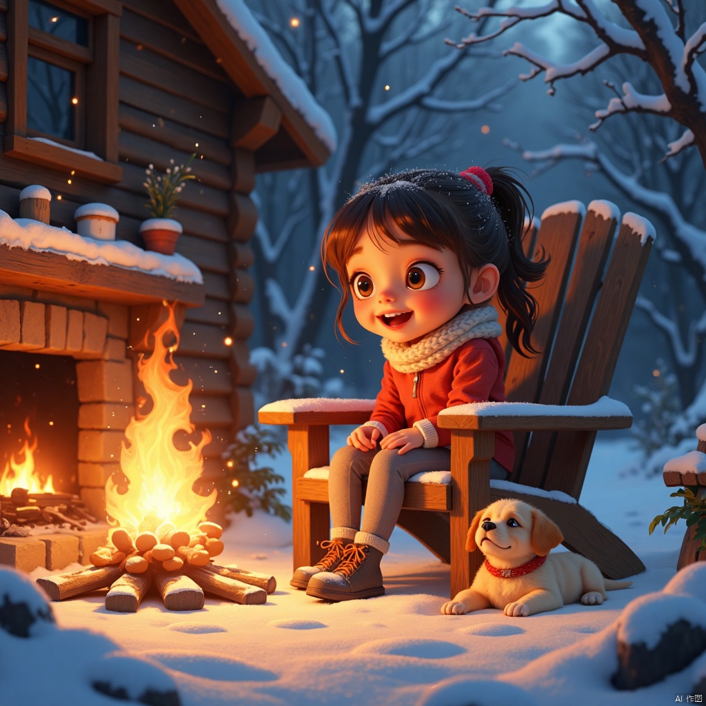 Whimsical illustration, a girl sits comfortably on a wooden chair by a warm crackling fire in a rustic outdoor snowy environment. looking_at_viewer, A puppy next to her was lying on her stomach, and it was snowing, and her facial features were gently illuminated by the golden light. In the playful cartoon style, her expressive face and energetic posture evoke a sense of happiness and surprise. The scene is based on a rich and dark background, and the subtle color tracking technology adds depth and texture to the artwork.